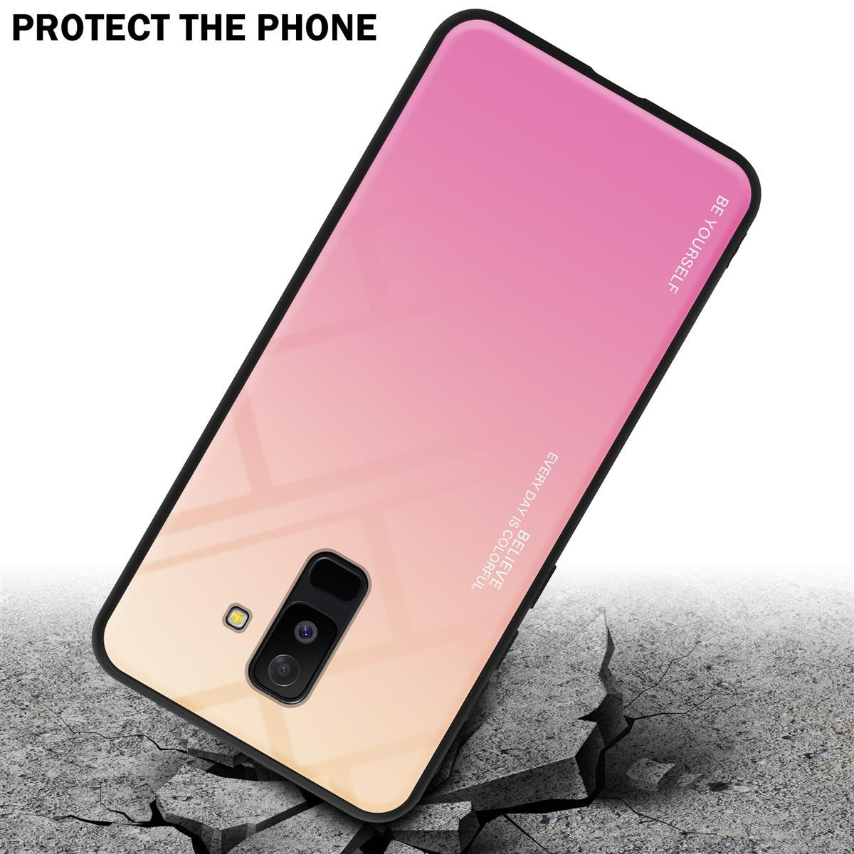 Custodia per telefono con gradiente rosa su una superficie incrinata. Testo: 'PROTECT THE PHONE' e 'BE YOURSELF'.