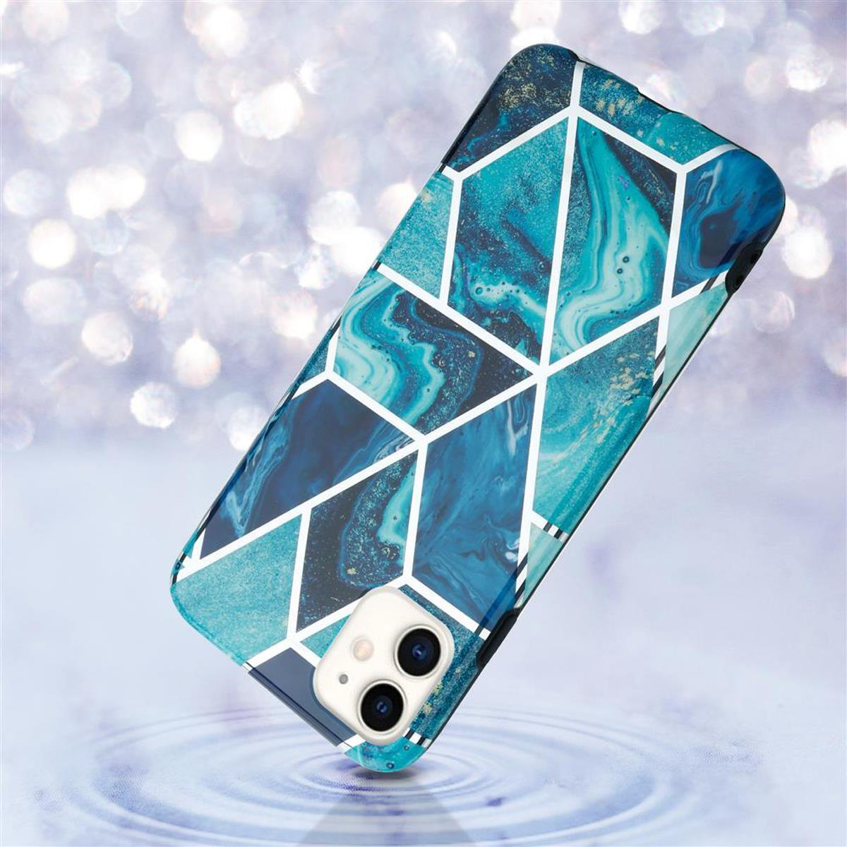 Una custodia per telefono con un design geometrico nei toni del blu e del bianco. Lo sfondo è sfocato.