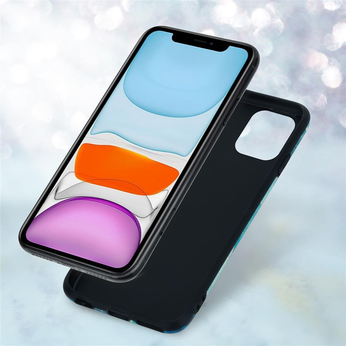 Custodia per telefono e telefono. La custodia è a metà e il telefono ha colori blu e rosa.