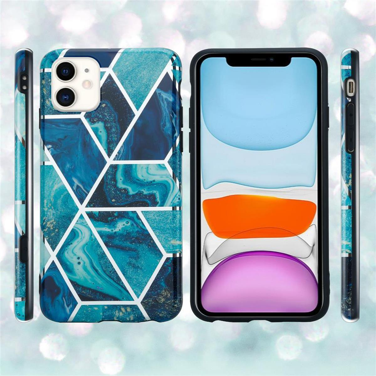 Custodia per telefono con un design geometrico blu e bianco. Il telefono è nella custodia. Vengono mostrati gli altri lati.