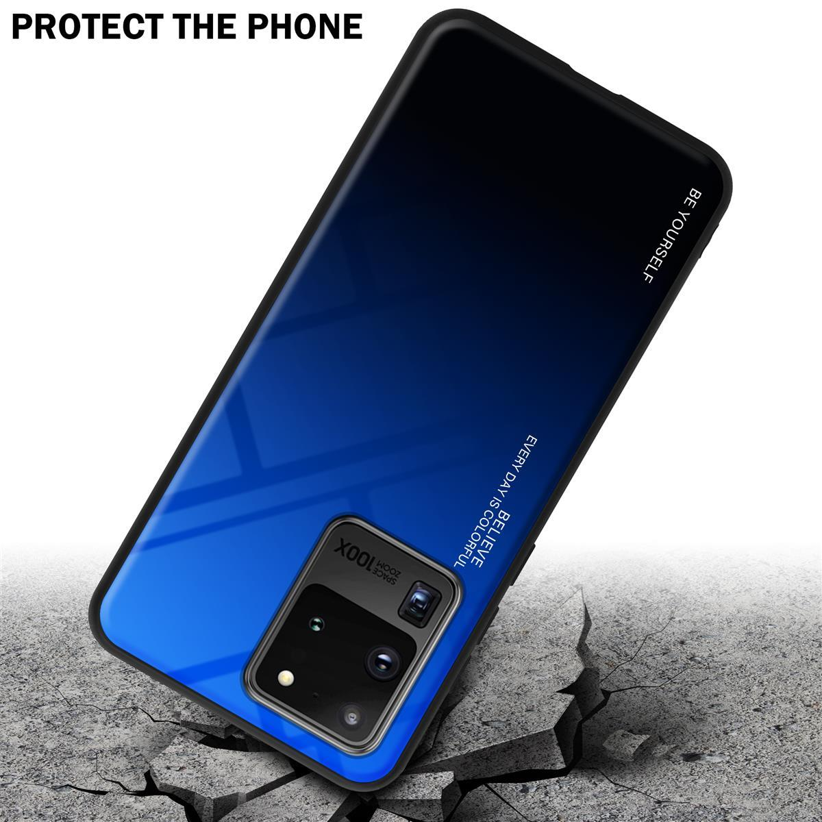 Telefono con custodia blu e nera. Il telefono è su un terreno crepato. La custodia copre il telefono.