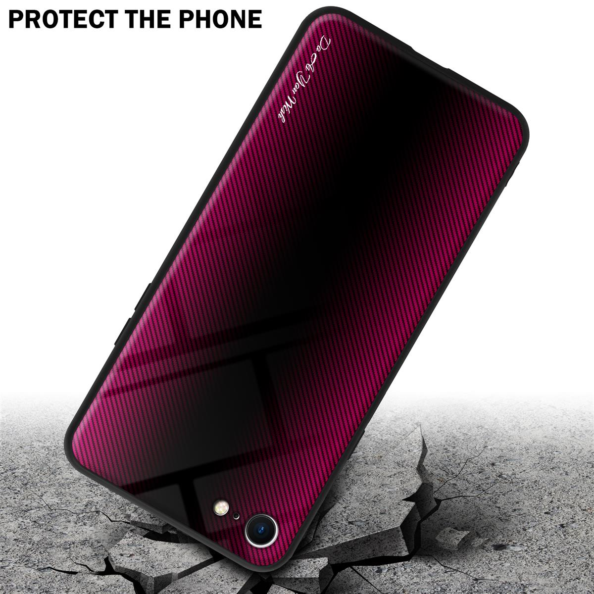 Una custodia per telefono con un design rosso e nero, su una superficie incrinata.