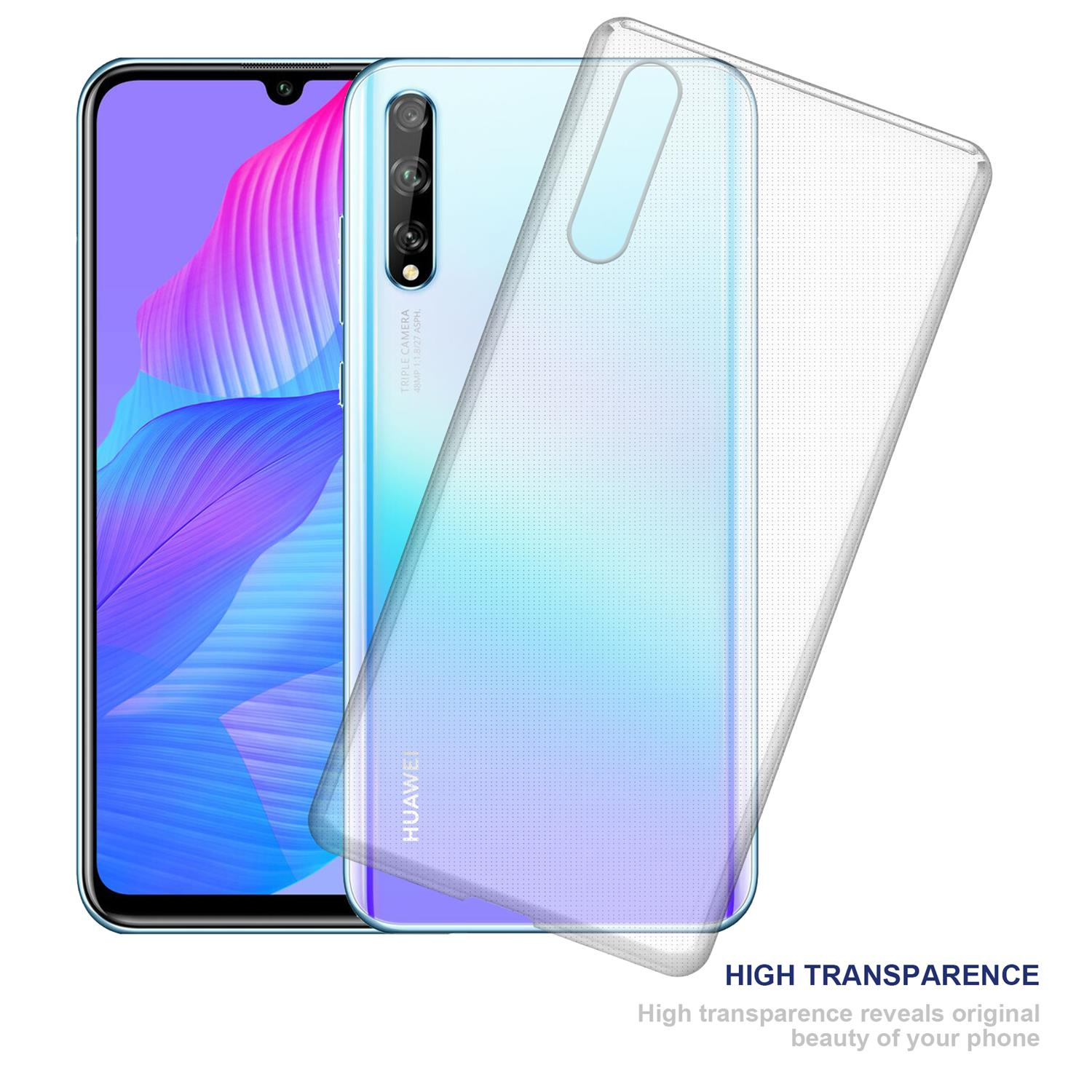 Telefon mit transparenter Hülle. Hohe Transparenz. Blau-weißer Farbverlauf auf der Rückseite des Telefons sichtbar.