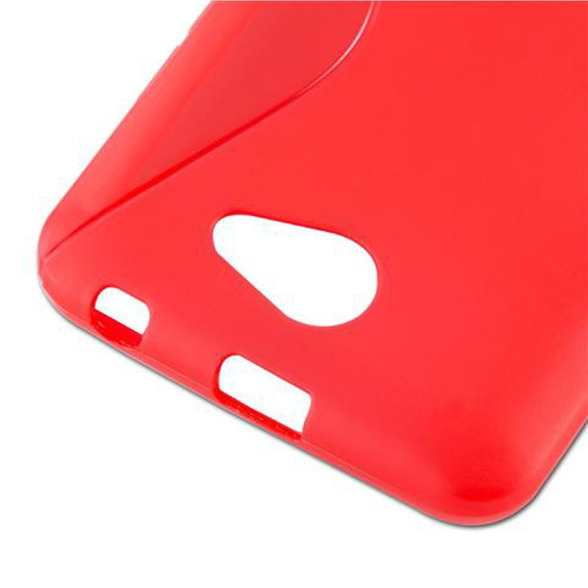 Custodia rossa per telefono, vista ravvicinata. Mostra fori per la fotocamera e porte. Sfondo bianco.