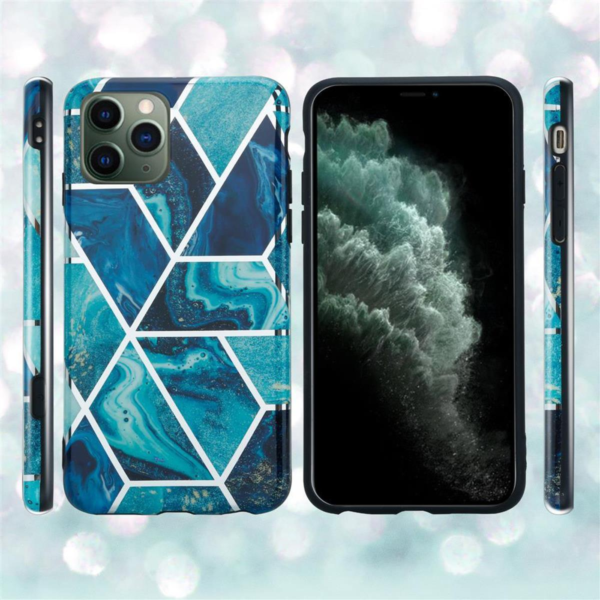 Molteplici viste di una custodia per telefono con un design geometrico blu simile al marmo, che mostra il telefono.