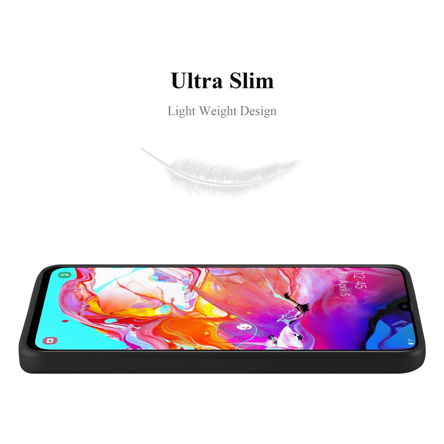 Schwarzes Telefon in einer schwarzen Hülle. Das Telefon ist flach. Text sagt 'Ultra Slim, Light Weight Design'.