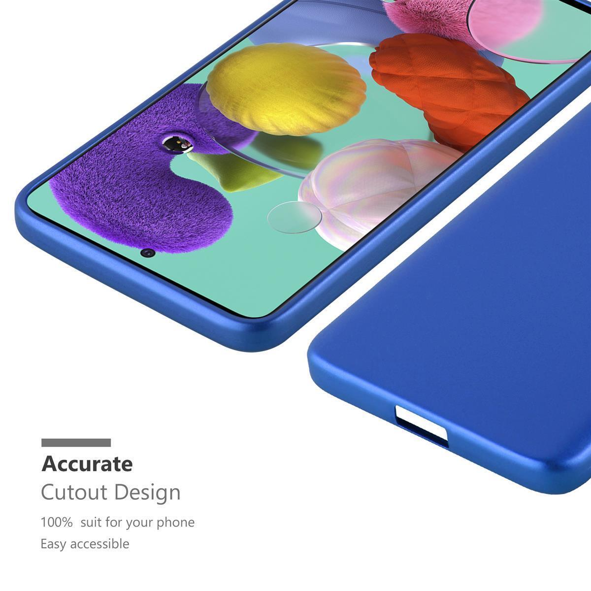Blaue Handyhülle mit Handy. Der Bildschirm zeigt bunte Formen. Hülle hat ein Aussparungsdesign.