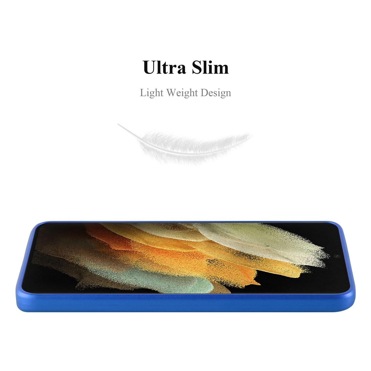 Custodia blu per telefono con schermo colorato. Design ultra sottile e leggero. C'è una grafica di piuma sopra.