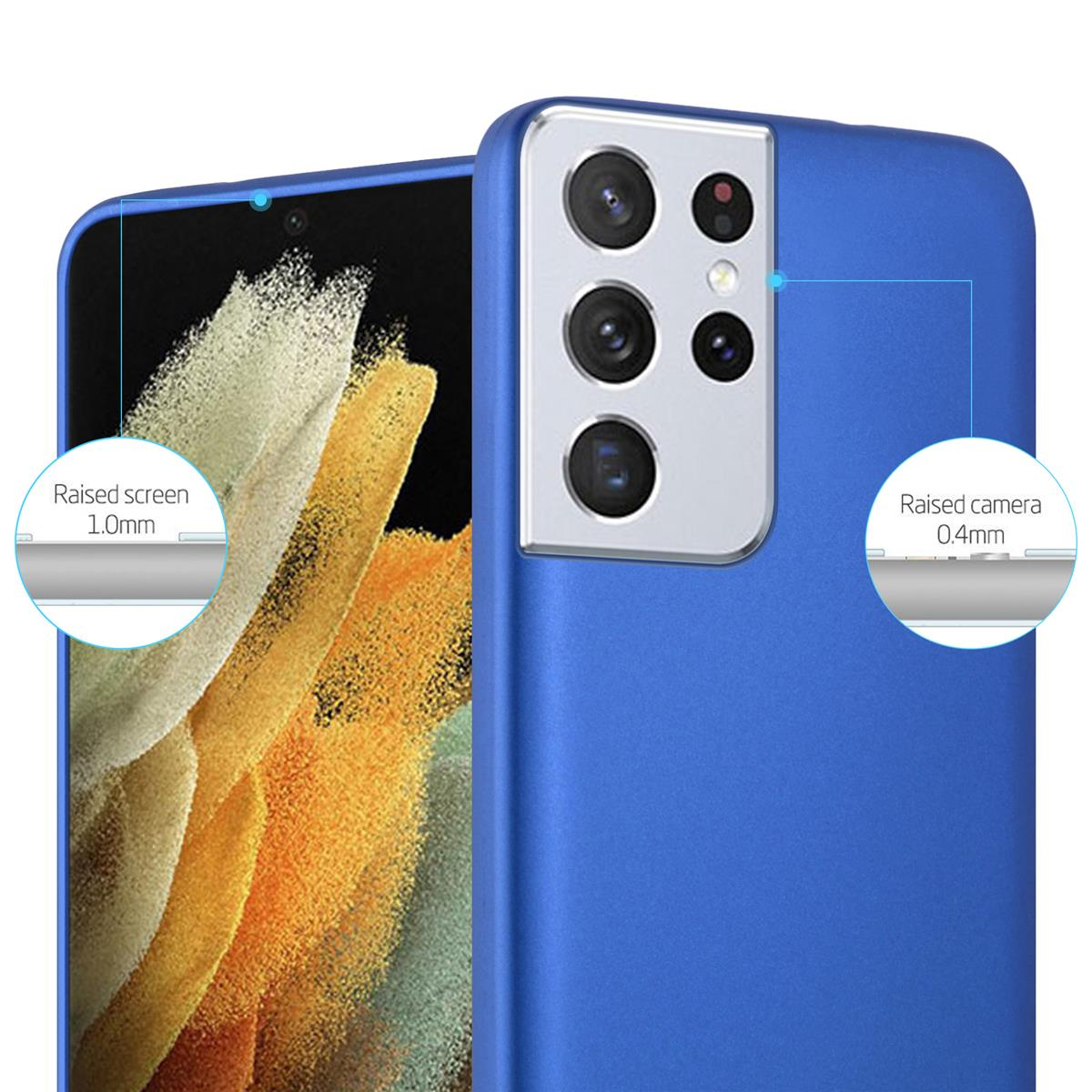 Custodia blu per telefono con schermo e fotocamera rialzati. Primo piano della custodia e del telefono.