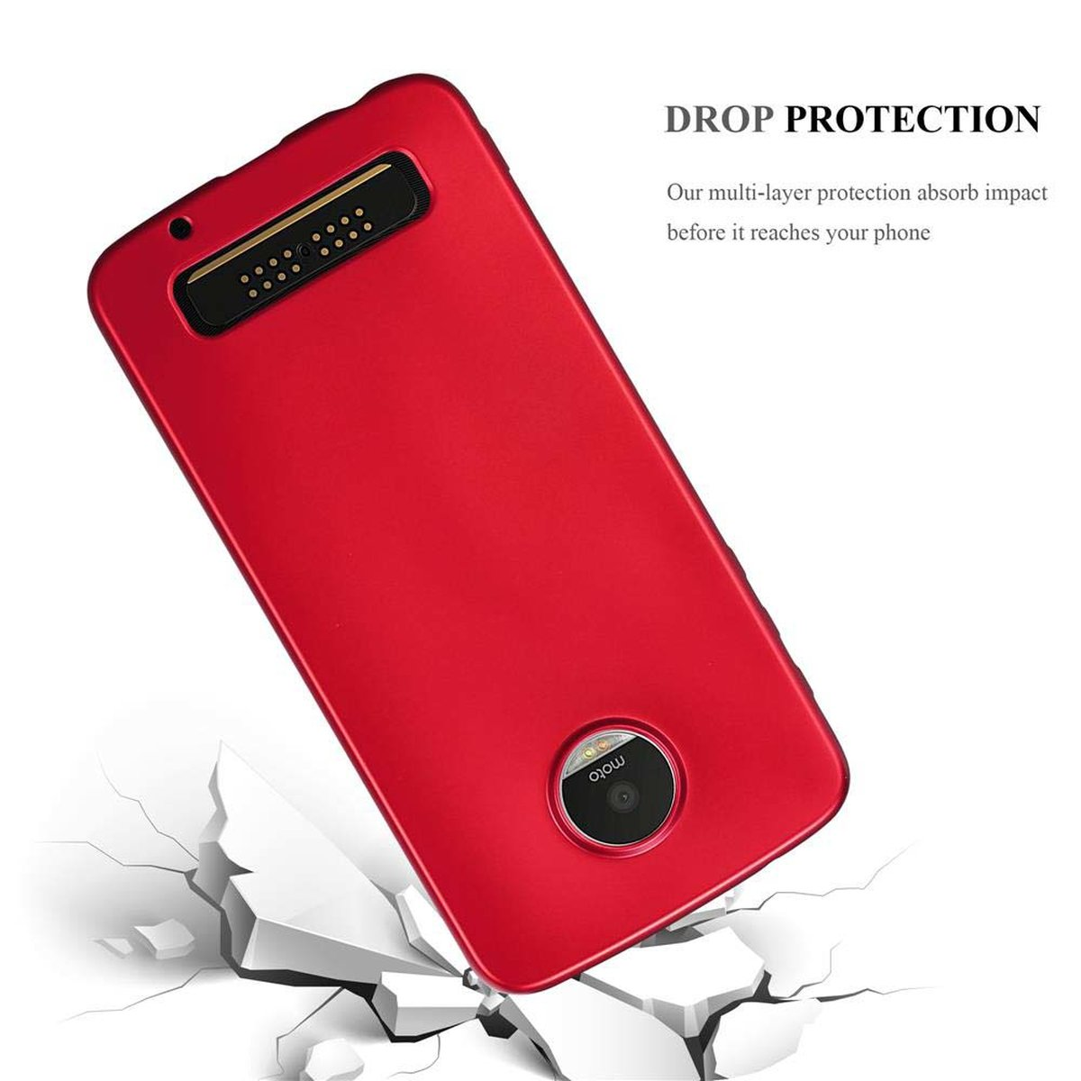 Custodia rossa per telefono che cade e rompe una superficie. La custodia ha un ritaglio per la fotocamera. Testo 'DROP PROTECTION'.