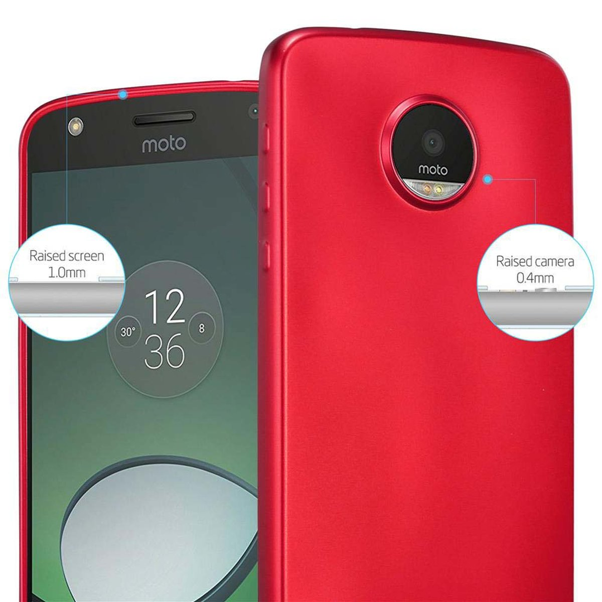 Una custodia rossa per telefono. Il telefono con la fotocamera è visibile nella custodia. Aree dello schermo.