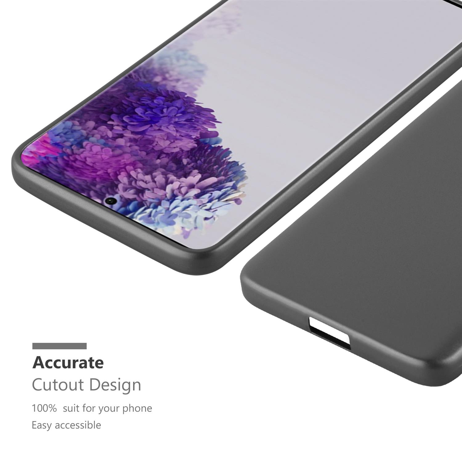 Eine Handyhülle mit einem Telefon darin, die das Ausschnittdesign und die genaue Passform zeigt.