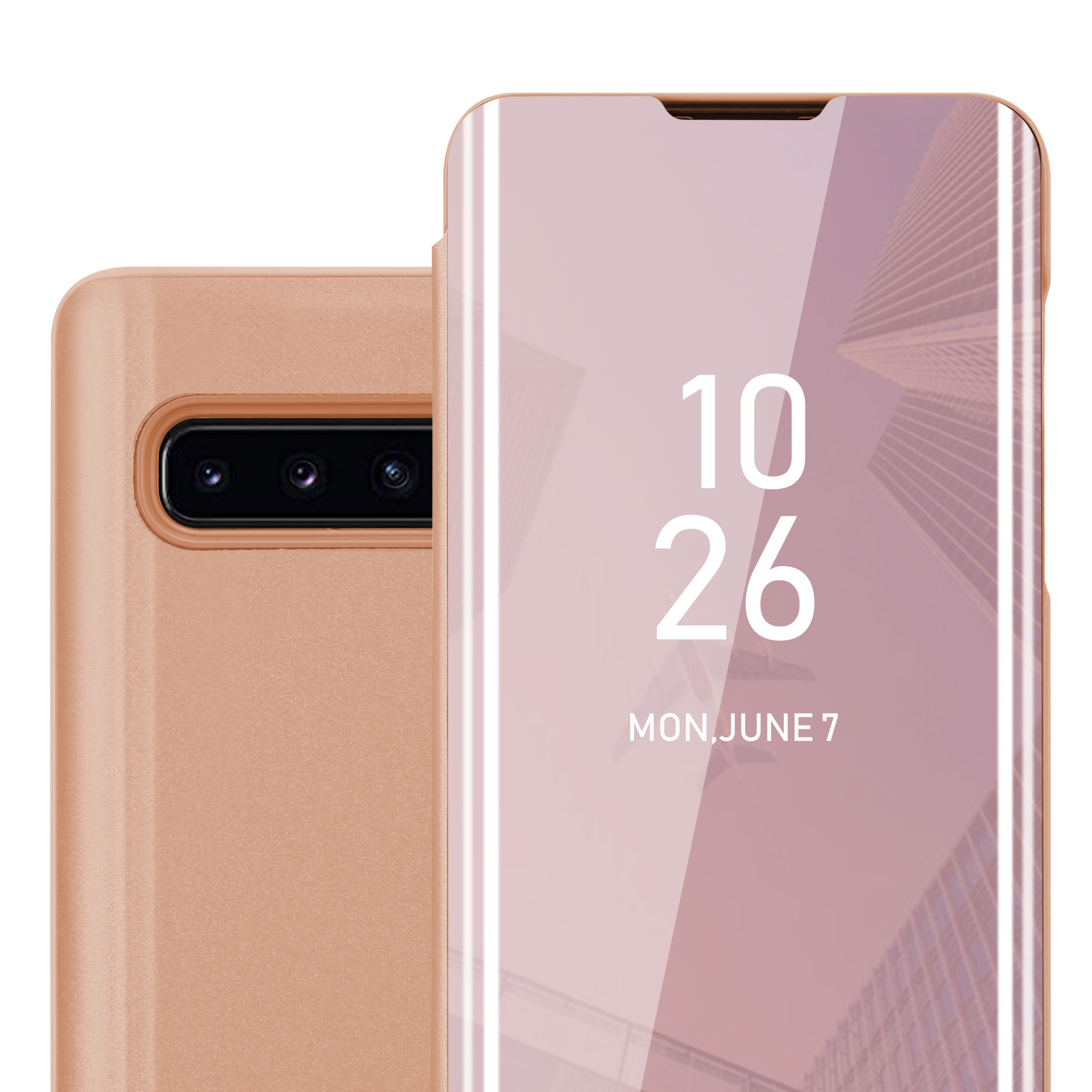 Telefono con custodia color oro rosa. Data e ora sono visibili sullo schermo. Sfondo rosa.