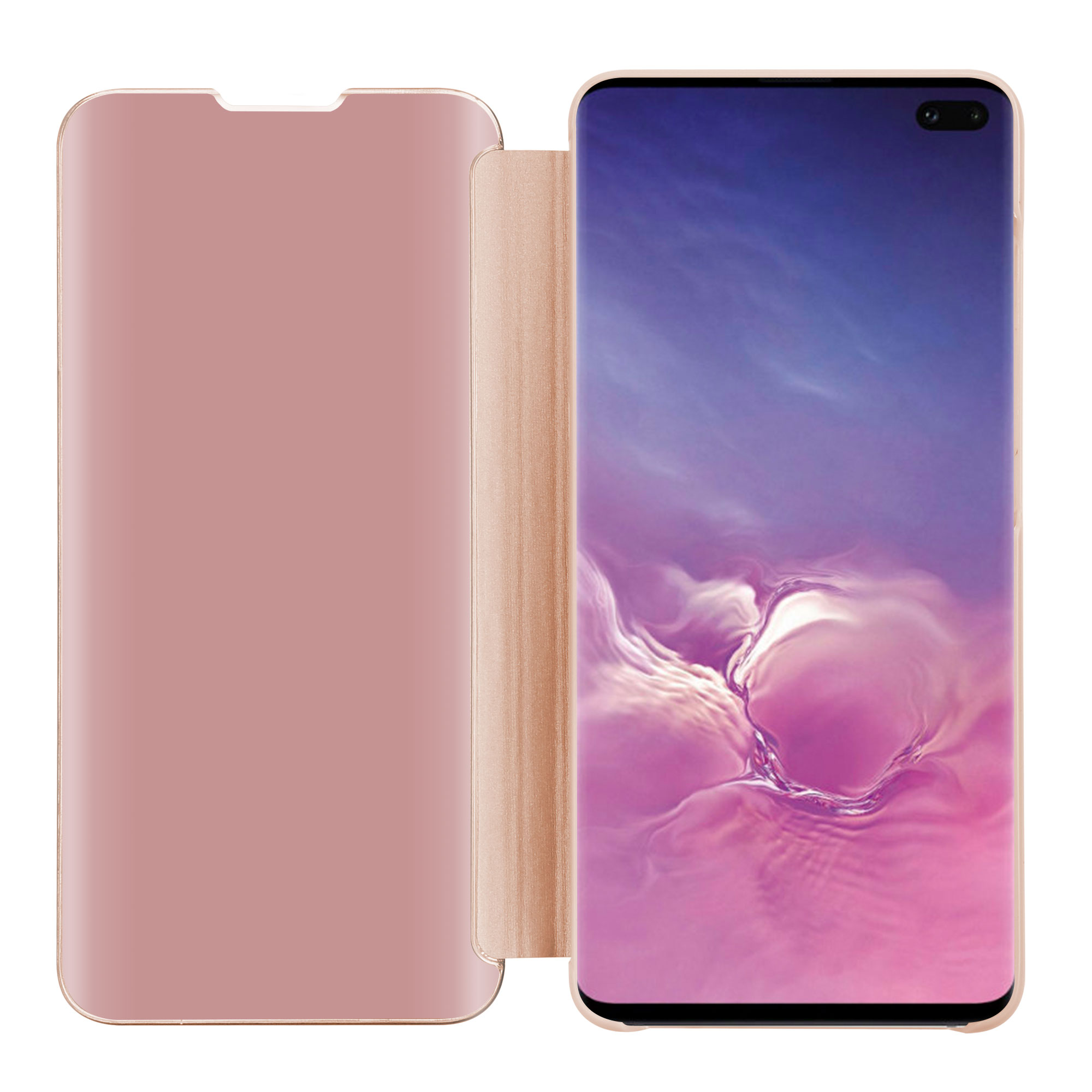 Custodia per telefono aperta, che mostra lo schermo del telefono. La custodia è rosa con interno beige.