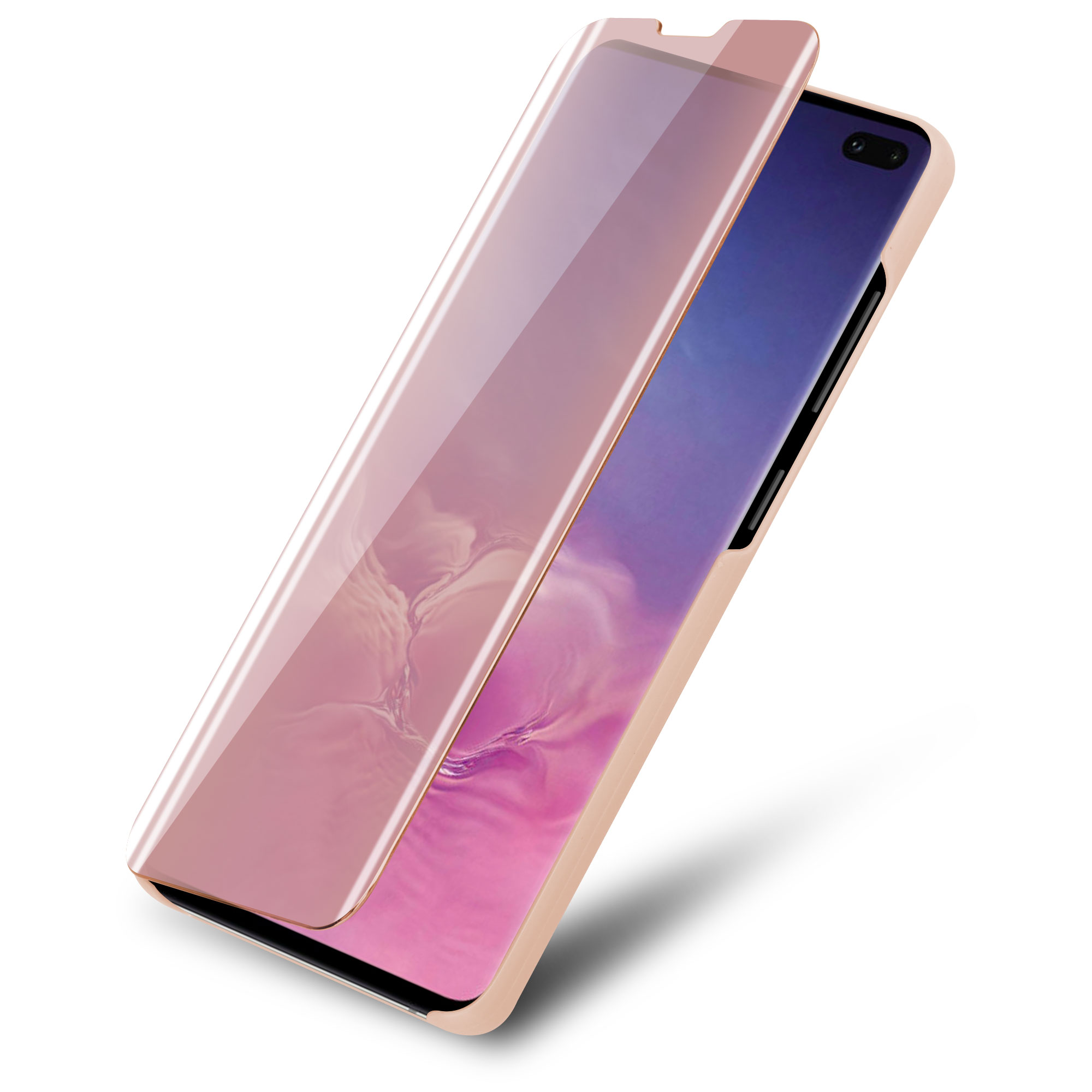 Custodia per telefono oro rosa con protezione schermo rosa e telefono all'interno.
