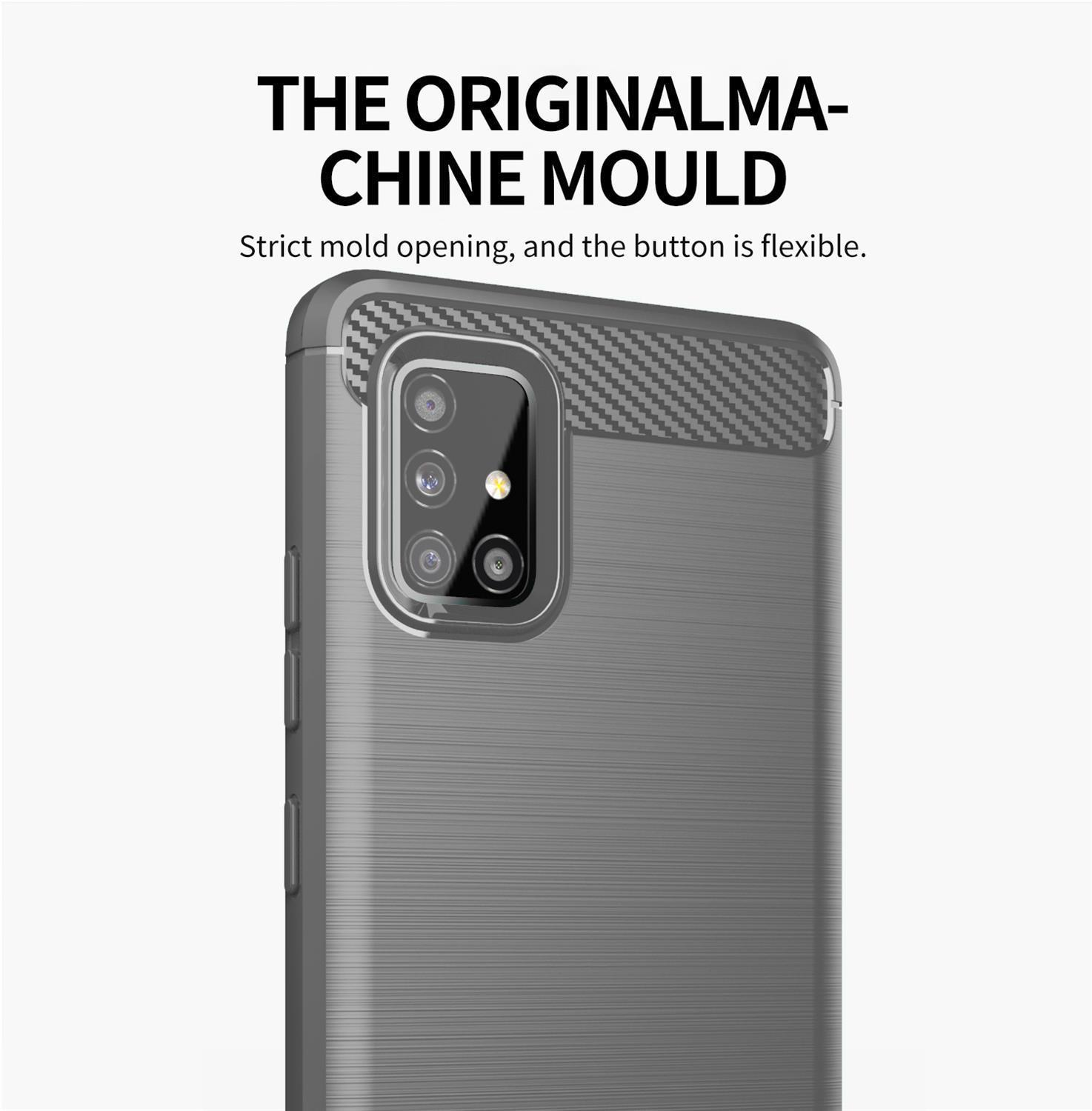 Primo piano di una custodia grigia per telefono. Testo: Lo stampo originale della macchina. I pulsanti sono flessibili.