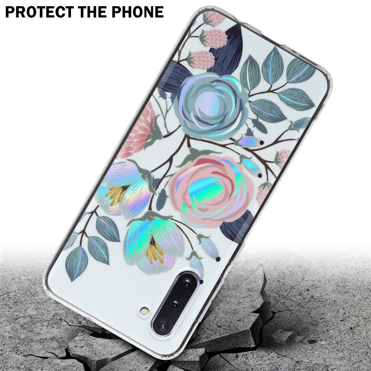 Custodia per telefono su una superficie incrinata con design floreale. Testo 'PROTECT THE PHONE'.