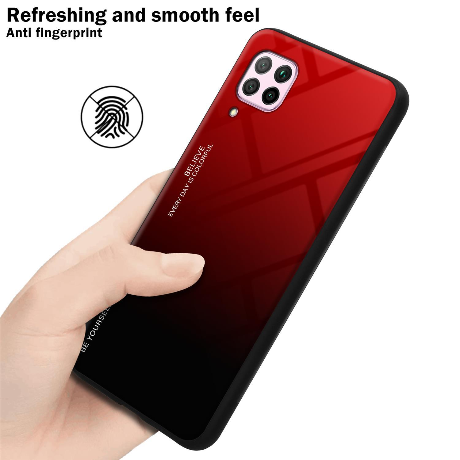 Eine rot-schwarze Farbverlauf-Handyhülle, die von einer Hand gehalten wird. Die Hülle hat ein Fingerabdrucksymbol.