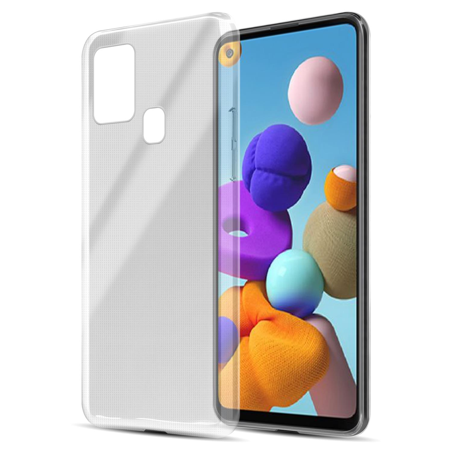 Telefon mit durchsichtiger Hülle links. Der Bildschirm des Telefons zeigt farbenfrohe Grafiken mit Kugeln und Formen.