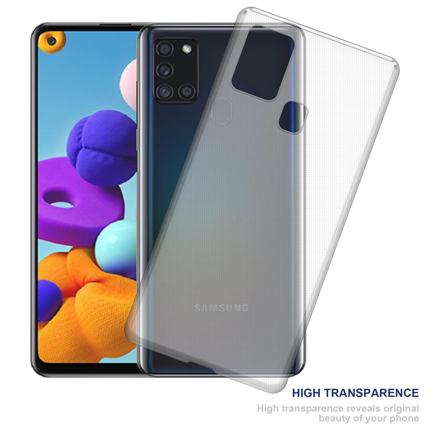 Eine Handyhülle mit einem Telefon darin, die Hülle ist transparent.