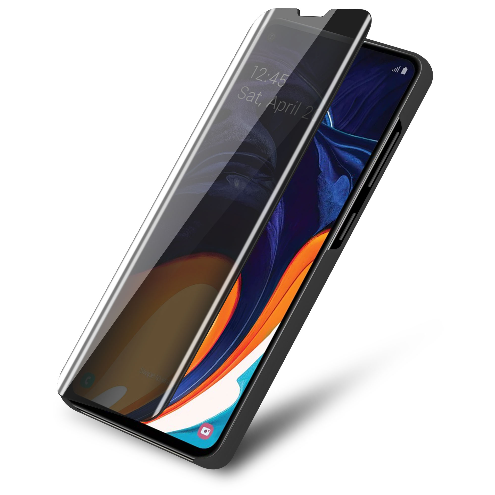 Telefono con protezione schermo privacy. Il telefono mostra data e ora.