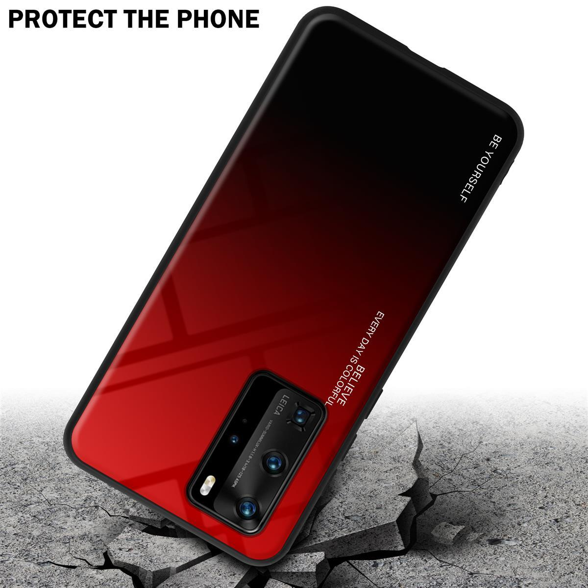Telefon in einem Gehäuse. Farbverläufe von Rot zu Schwarz. Das Telefon steht auf einer gerissenen Oberfläche.