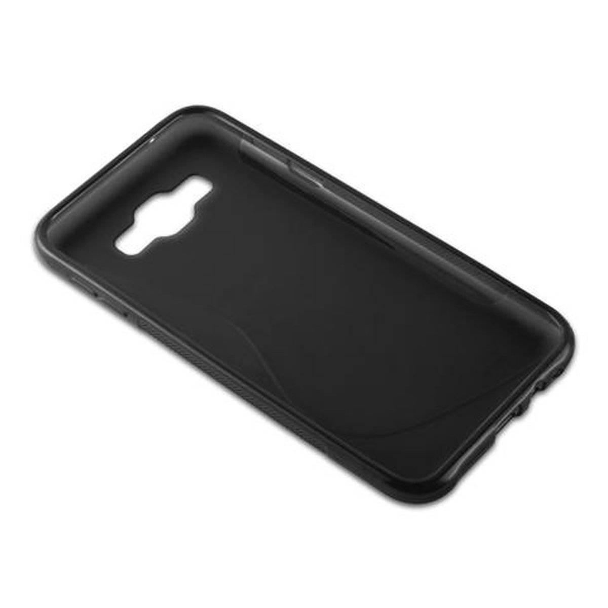 Schwarze Handyhülle mit Aussparung für Kamera und andere Funktionen. Schräge Ansicht.