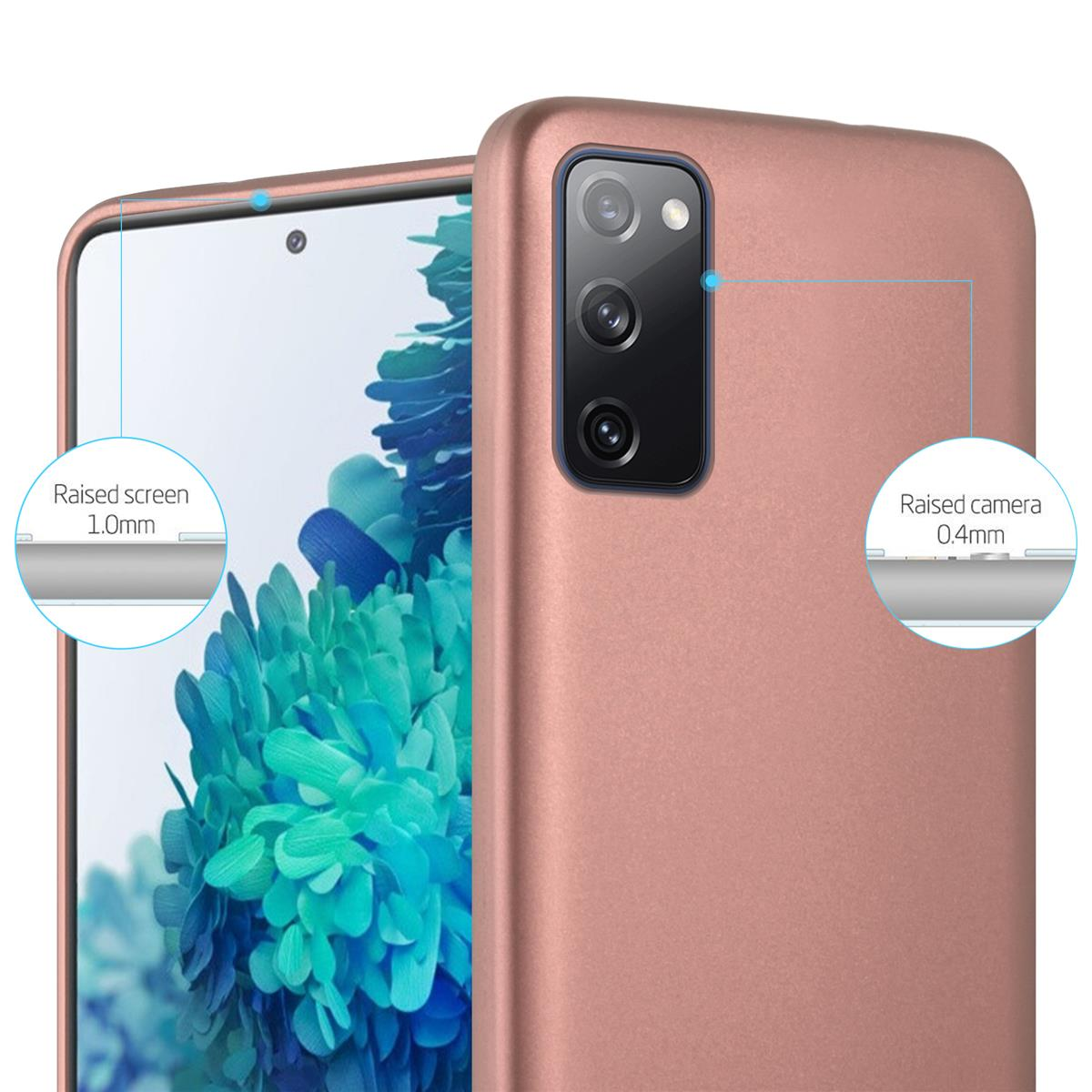 Roségoldfarbene Handyhülle auf einem Handy mit floralem Hintergrund, Kamera- und Bildschirmdetails in Kreisen.