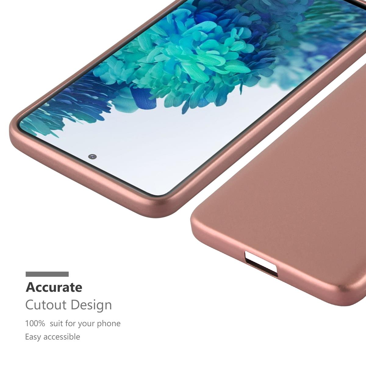Roségoldene Handyhülle. Telefon innen. Text: Präzises Ausschnittdesign. 100% passend. Einfacher Zugang.