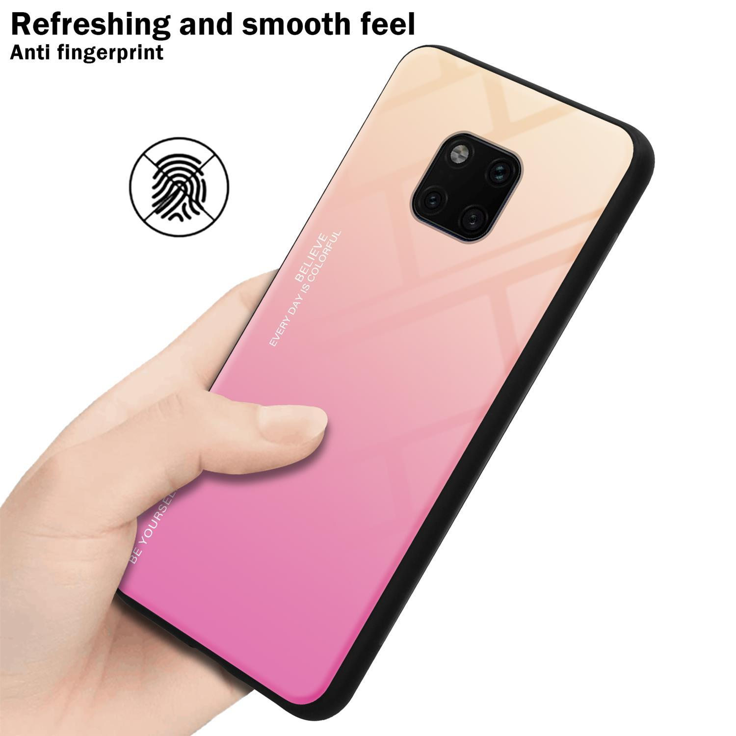 Eine Hand hält eine rosa und gelbe Handyhülle mit schwarzem Rand, Text und einem Fingerabdruck.