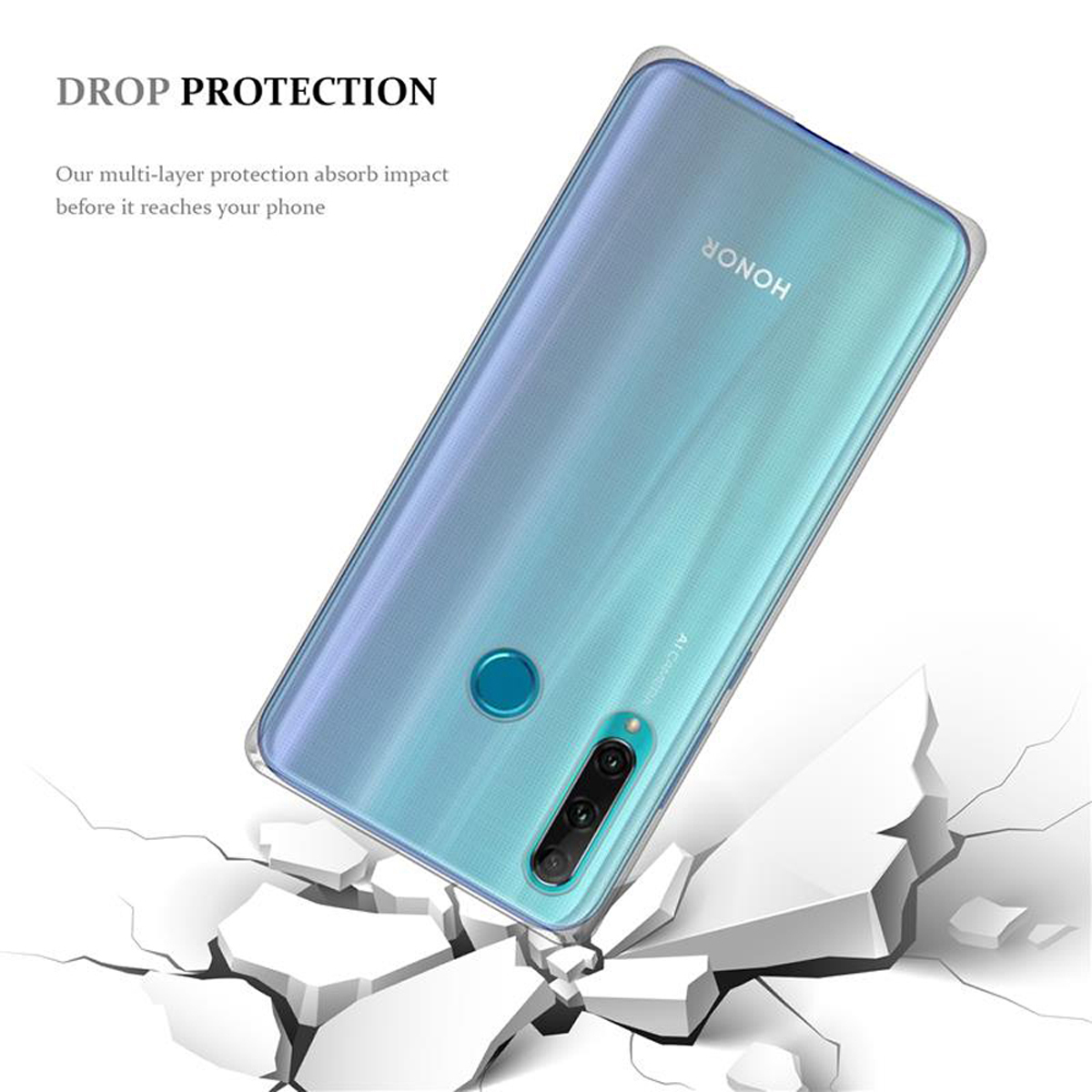 Ein Telefon mit Hülle ist gekippt, mit Rissen darunter, die den Fallschutz demonstrieren. Die Hülle ist blau.