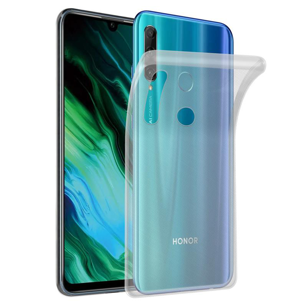 Ein Telefon mit klarer Hülle und blau-grünem Farbverlauf.