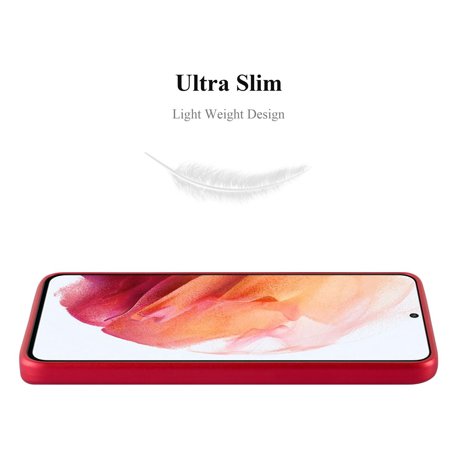 Custodia rossa con telefono, sfondo bianco, testo 'Ultra Slim' e piuma.