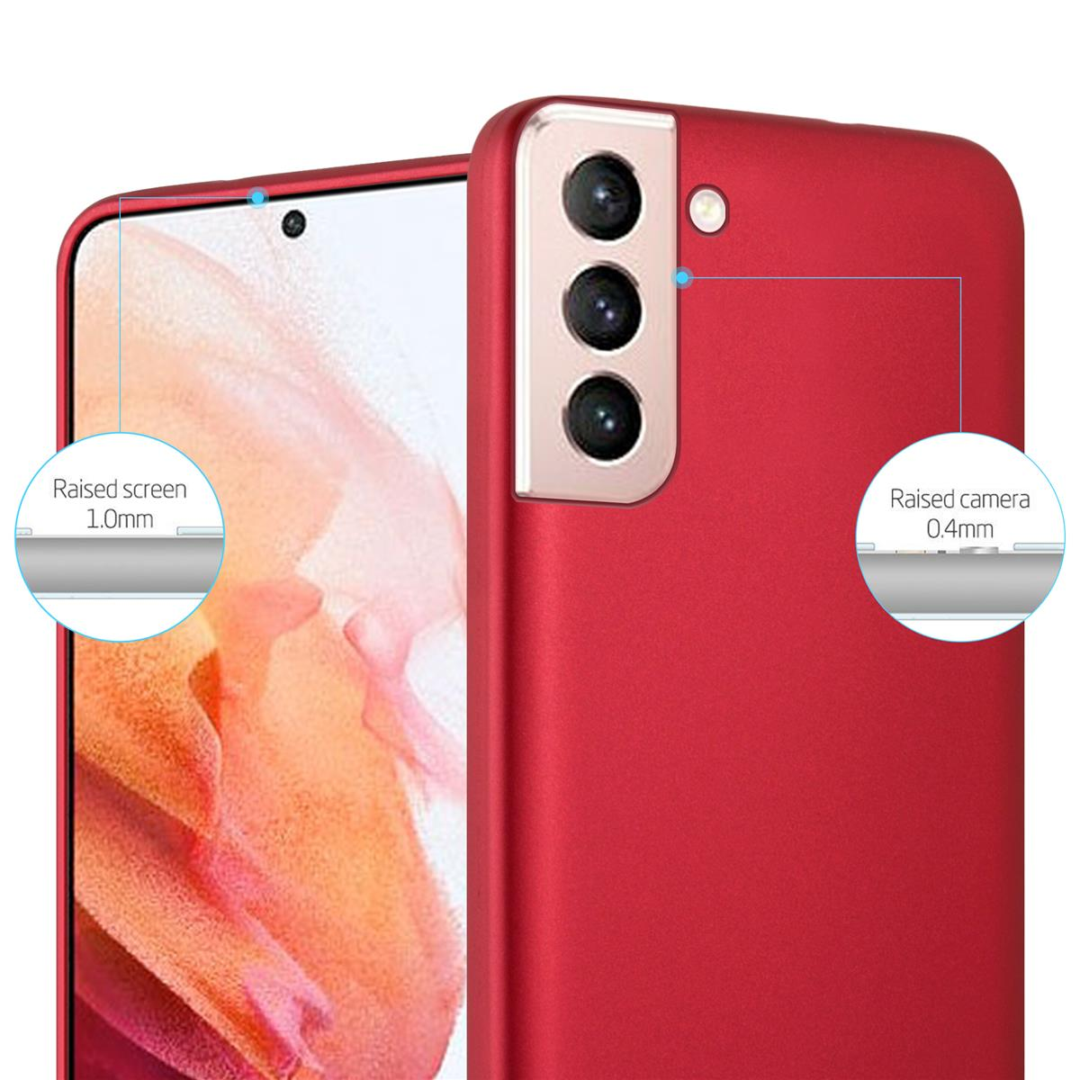 Custodia del telefono rossa. Il testo mostra le misure di protezione dello schermo e della fotocamera rialzate con un contorno del telefono.