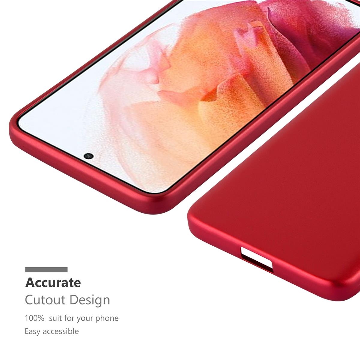 Custodia per telefono rossa e un telefono. Il telefono è nella custodia e lo sfondo è bianco.