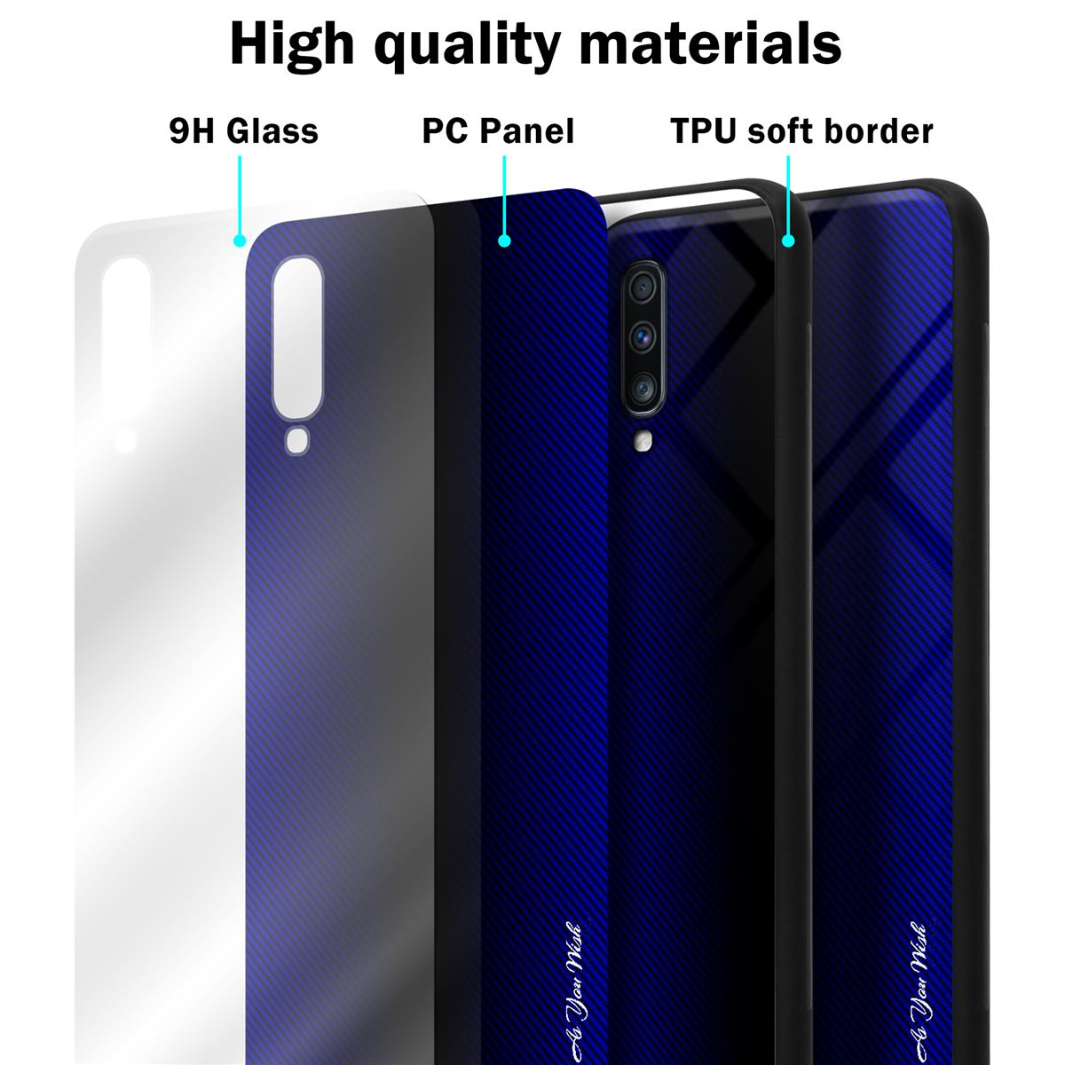 Componenti della custodia: Vetro 9H, Pannello PC, bordo morbido in TPU. Design blu.