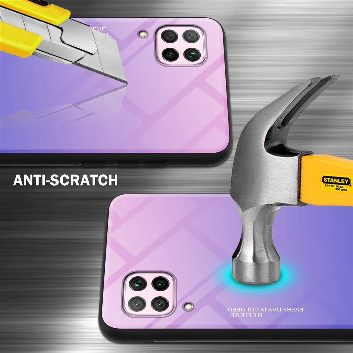 Handyhülle wird mit Cutter und Hammer getestet. Die Hülle hat ein lilafarbenes Farbverlaufsdesign.