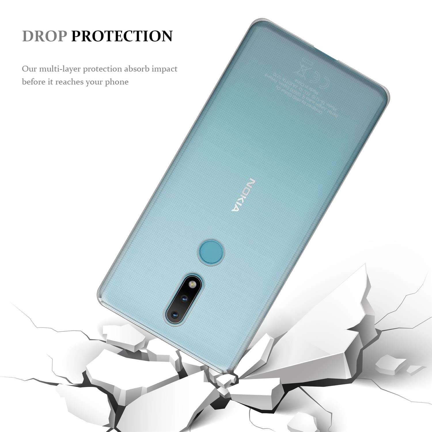 Blaue Nokia-Handyhülle, die auf eine rissige Oberfläche fällt. Weißer Hintergrund.