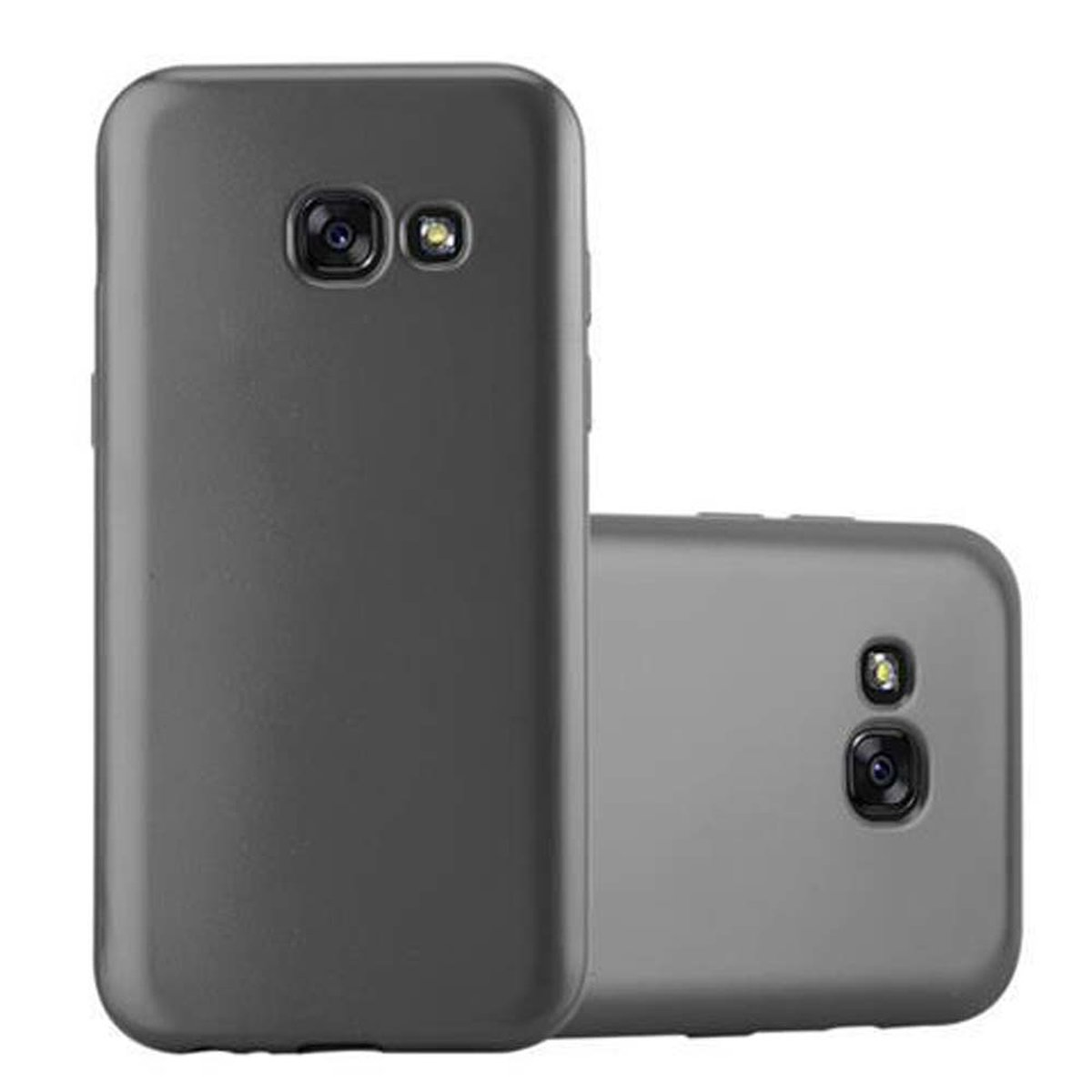 Dos fundas grises para teléfono. Una vertical, la otra plana.