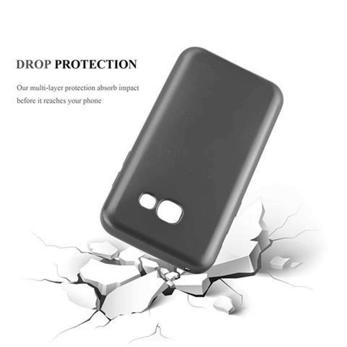 Una funda negra sobre piezas blancas rotas. El texto dice protección contra caídas.