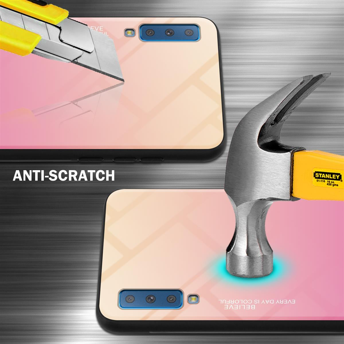 Custodie per telefono testate con coltello e martello. Testo 'Anti-scratch' e 'Believe'.