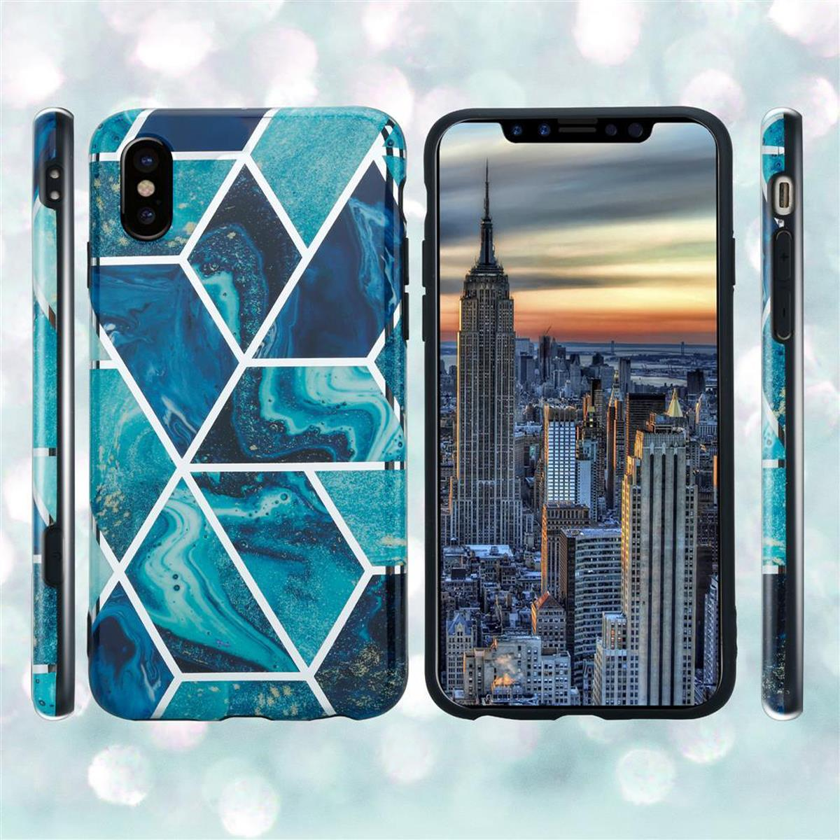 Telefono con custodia geometrica blu, che mostra New York.