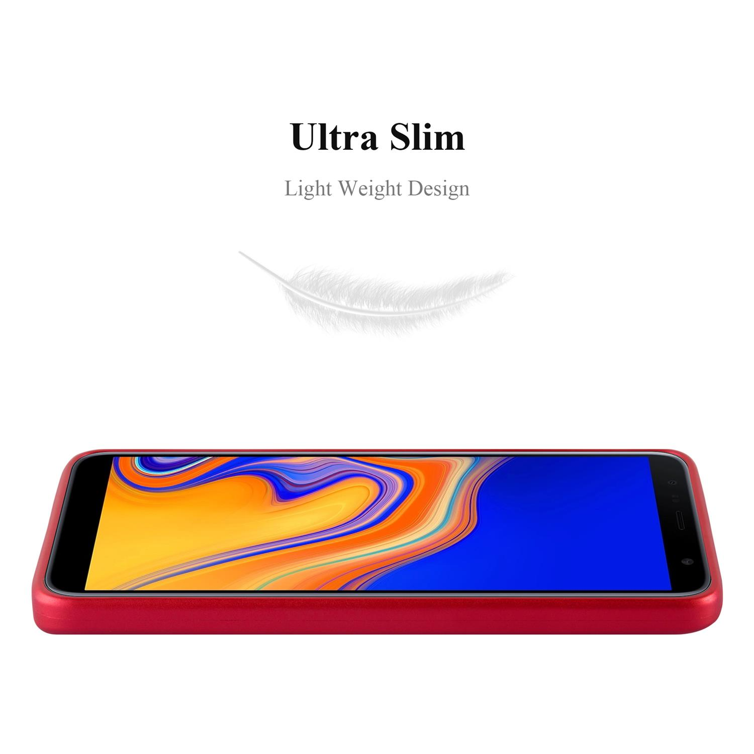 Custodia rossa per telefono su sfondo bianco, con testo 'Ultra Slim' e piuma, design leggero.