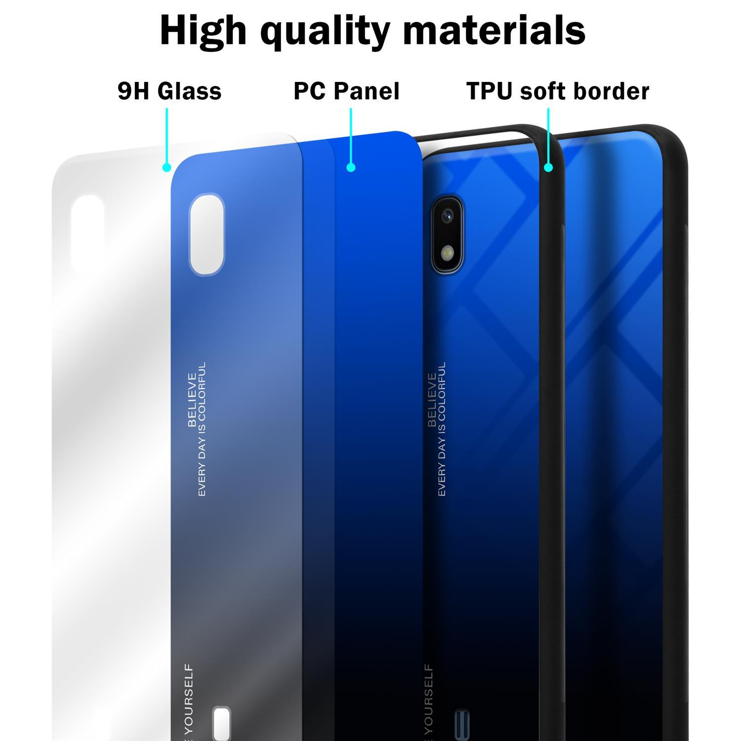 Strati della custodia del telefono: vetro 9H, pannello PC e bordo in TPU. Strati con sfumatura blu. Testo: Materiali di alta qualità.