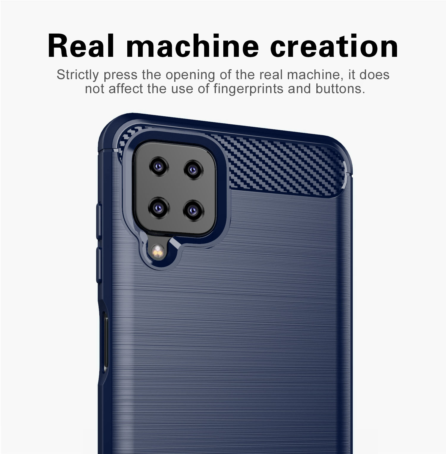 Un primo piano di una custodia per telefono con una trama blu scuro fantasia e un'estensione della fotocamera.