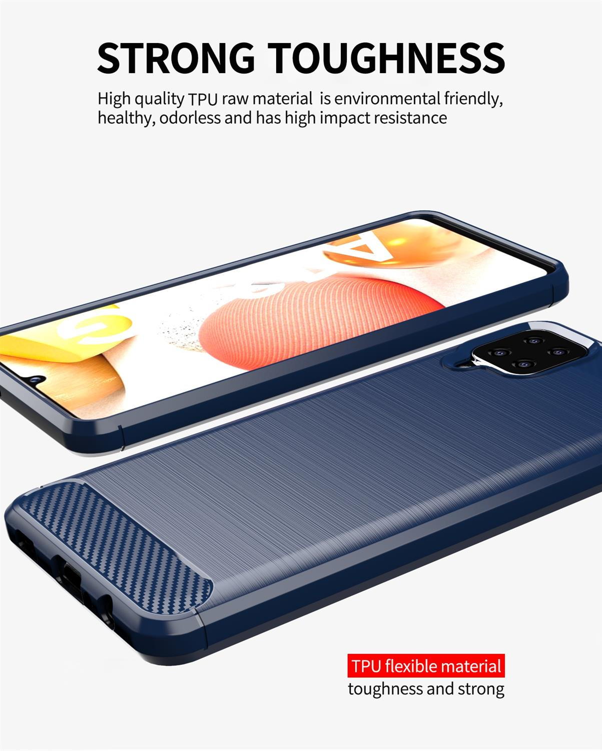 Due custodie per telefono blu scuro. Una è rivolta verso l'alto, l'altra verso il basso. Entrambe hanno un design strutturato.