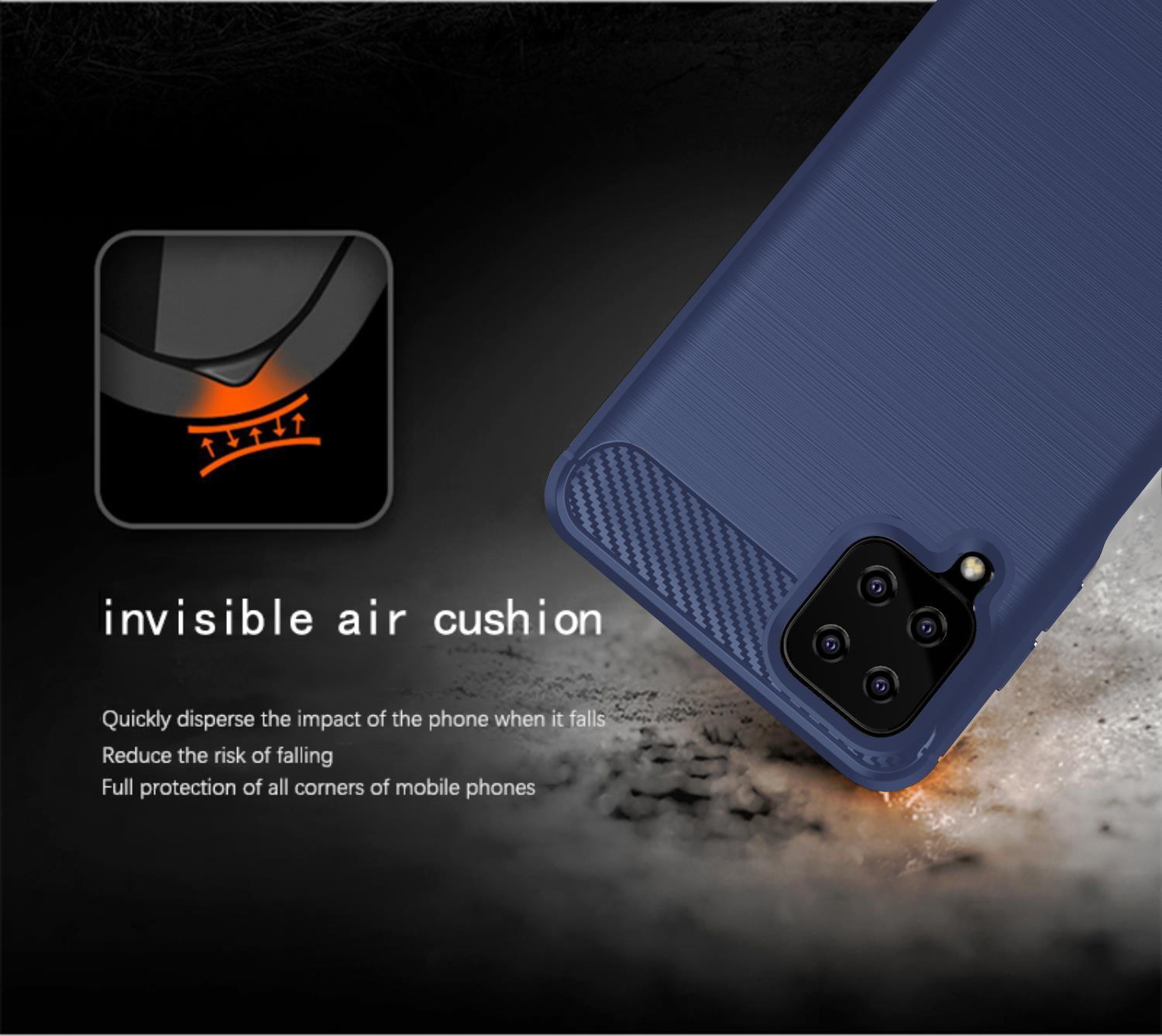 Custodia blu per telefono con una texture nera. Un diagramma mostra l'assorbimento degli urti del telefono.