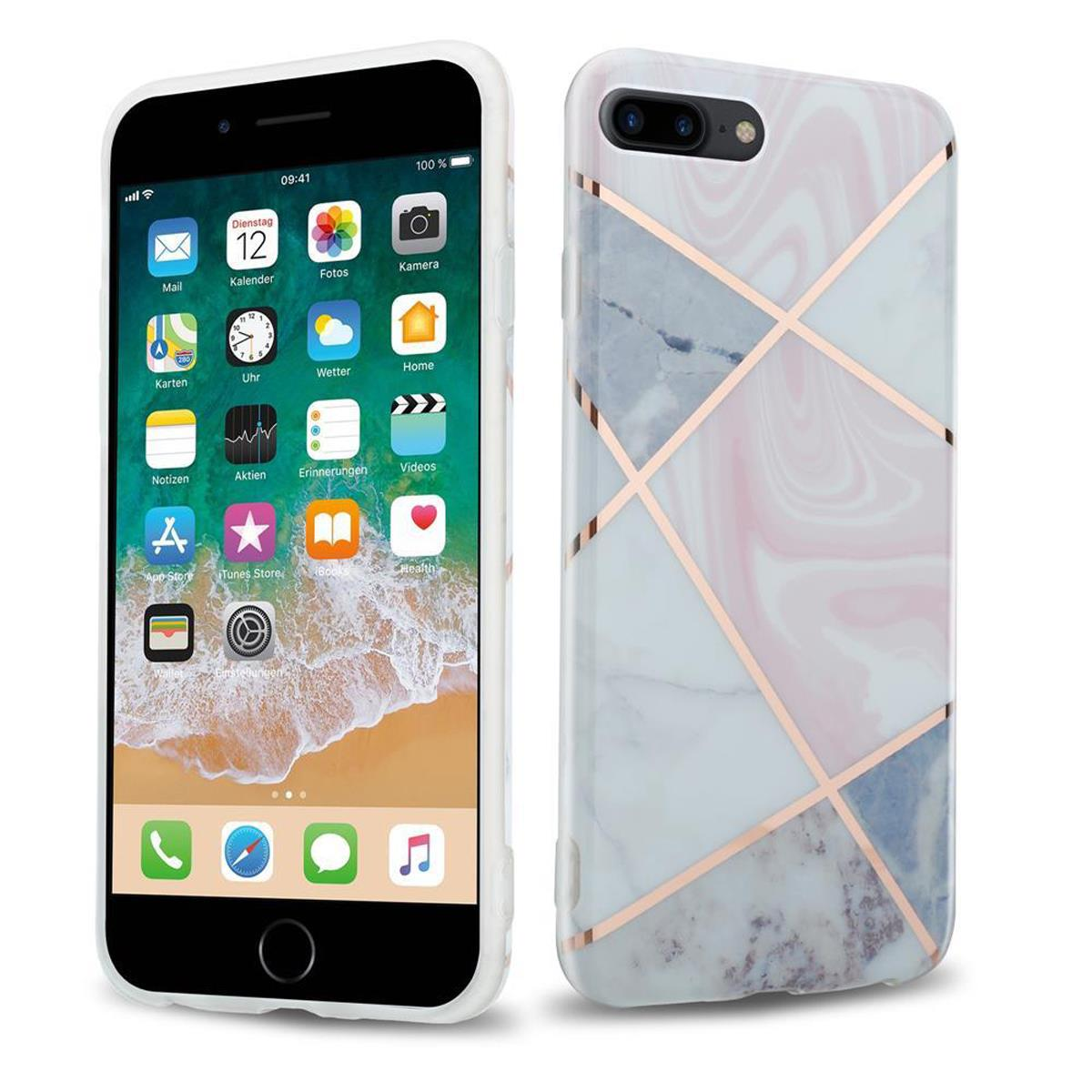 iPhone mit einer Hülle mit Marmormuster. Die Hülle hat goldene Linien und einen weißen Rand.