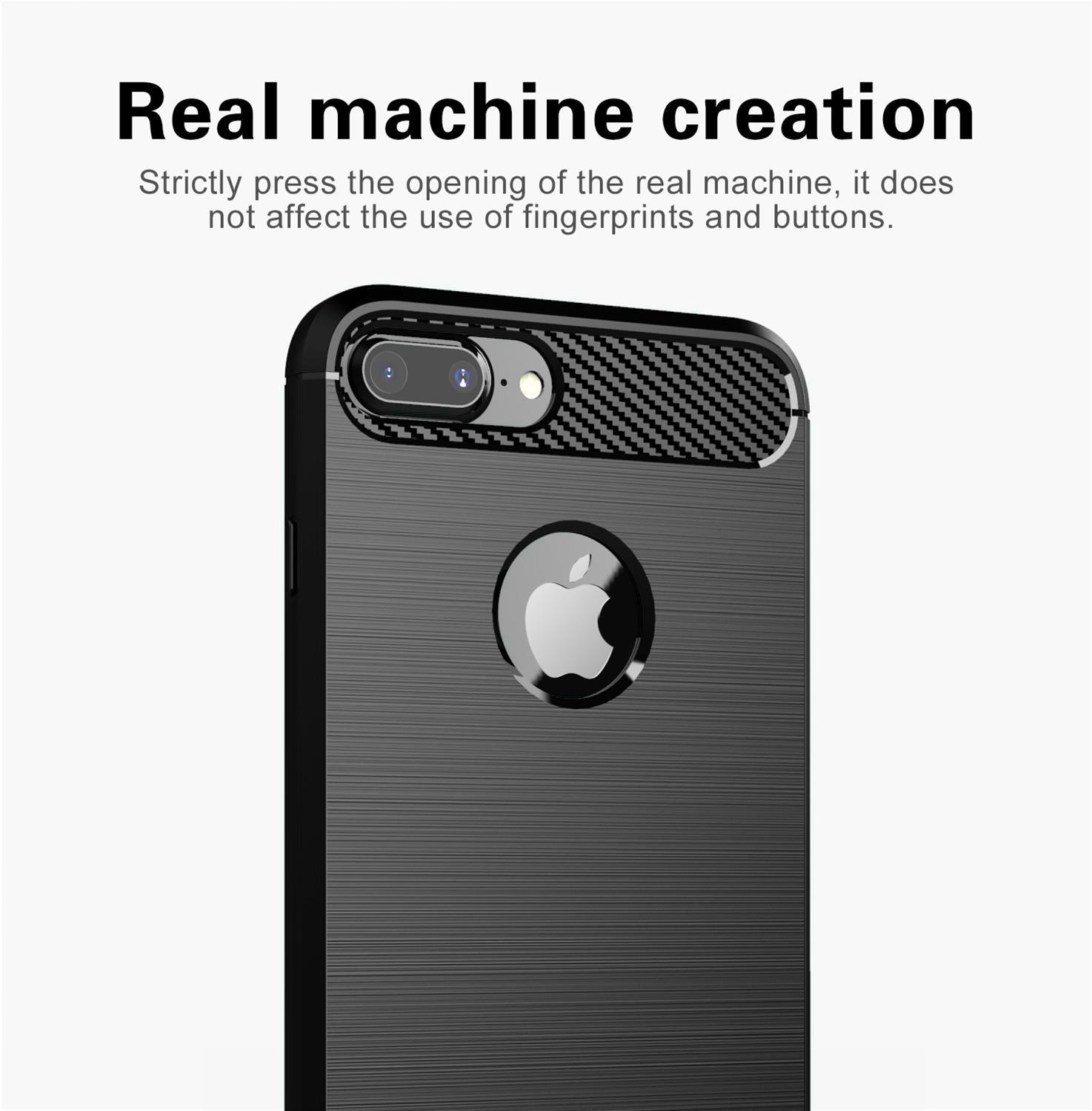 Custodia nera per telefono su sfondo bianco. Ha una fotocamera e il logo Apple.