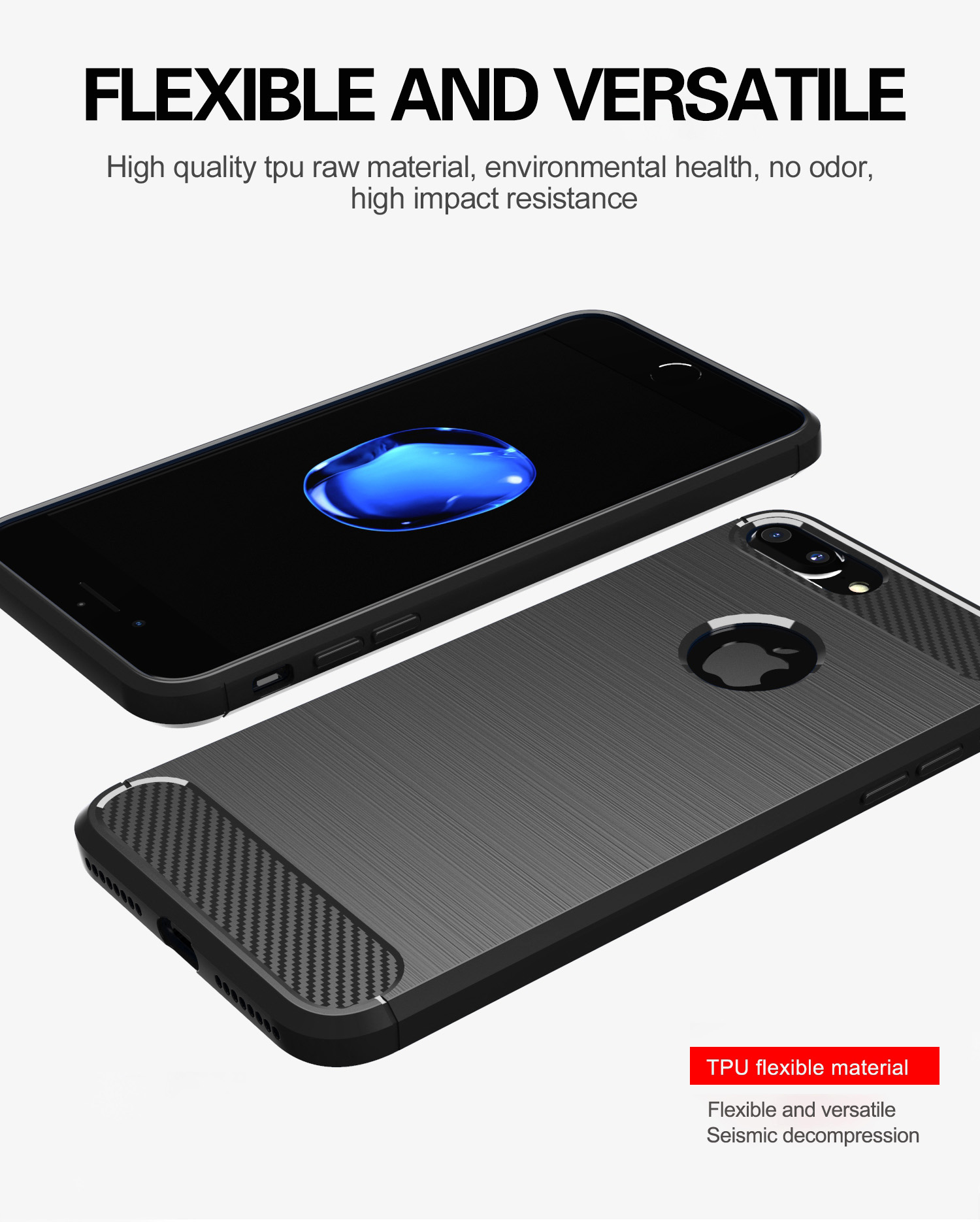 Due telefoni con custodie, uno nero, uno sopra. Testo: Flessibile e versatile e materiale TPU.